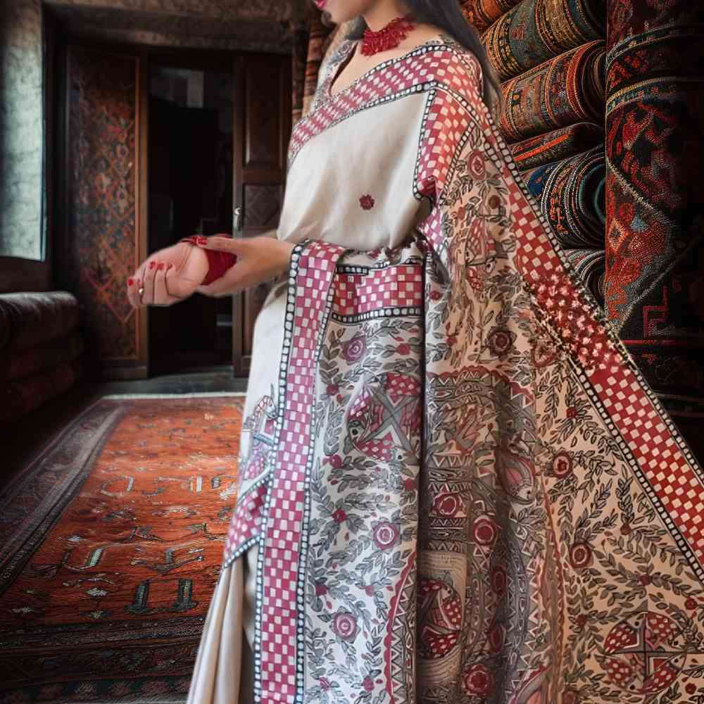 Tussar Saree with Madhubani Bride, Doli, and Kaahar Painting